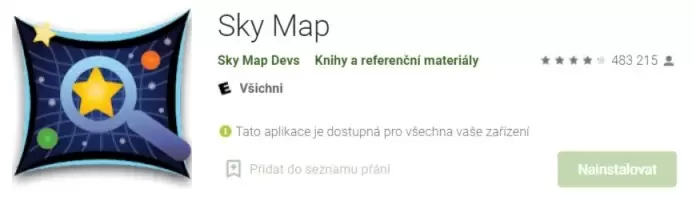Aplikace mapa hvězdné oblohy pro zařízení Android